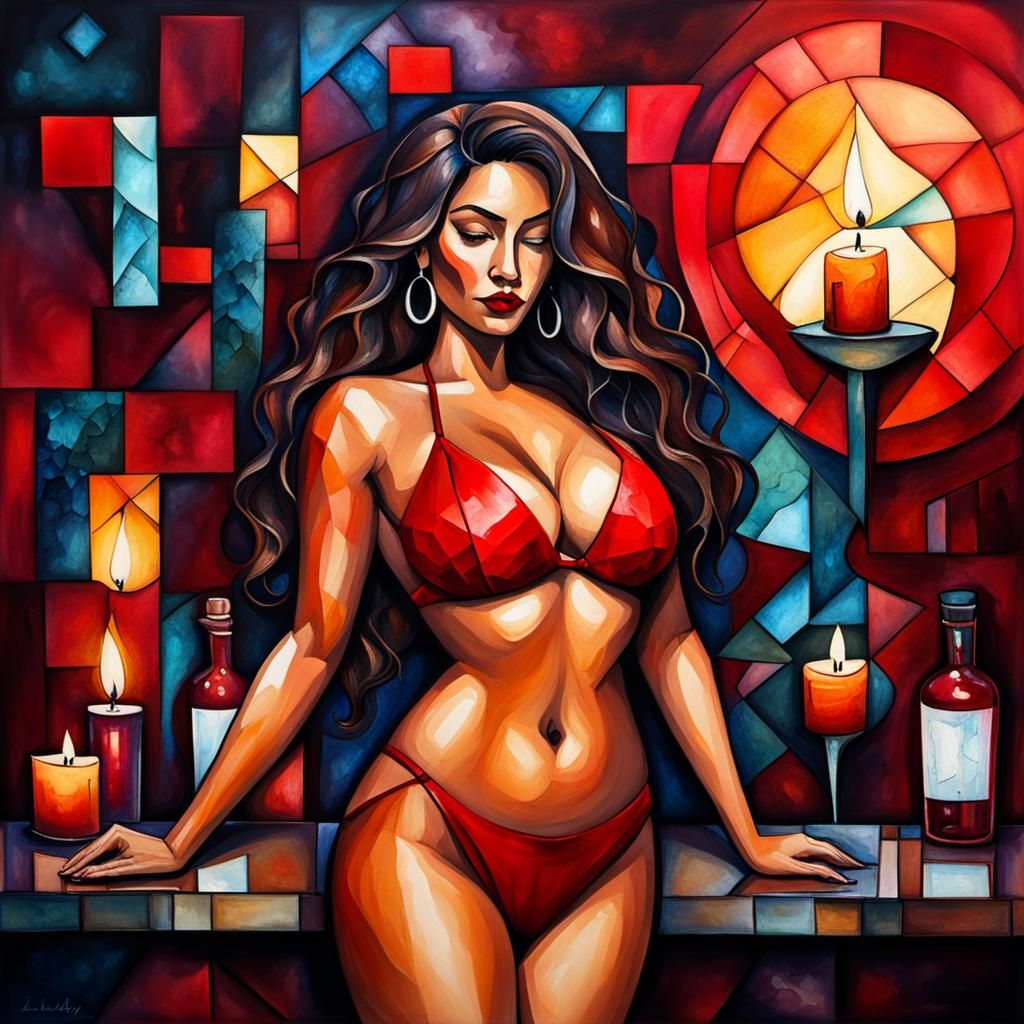 Whimsical Cubist Latina Dancer in Dark Bar