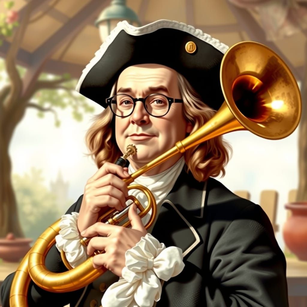 Benjamin Franklin Plays Sousaphone in Rockwell Style