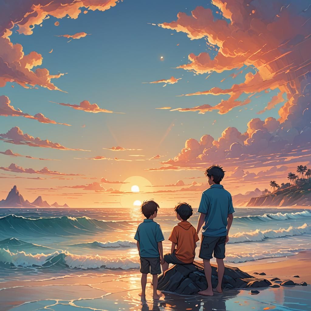 Warm Sunset: Father and Son by the Ocean