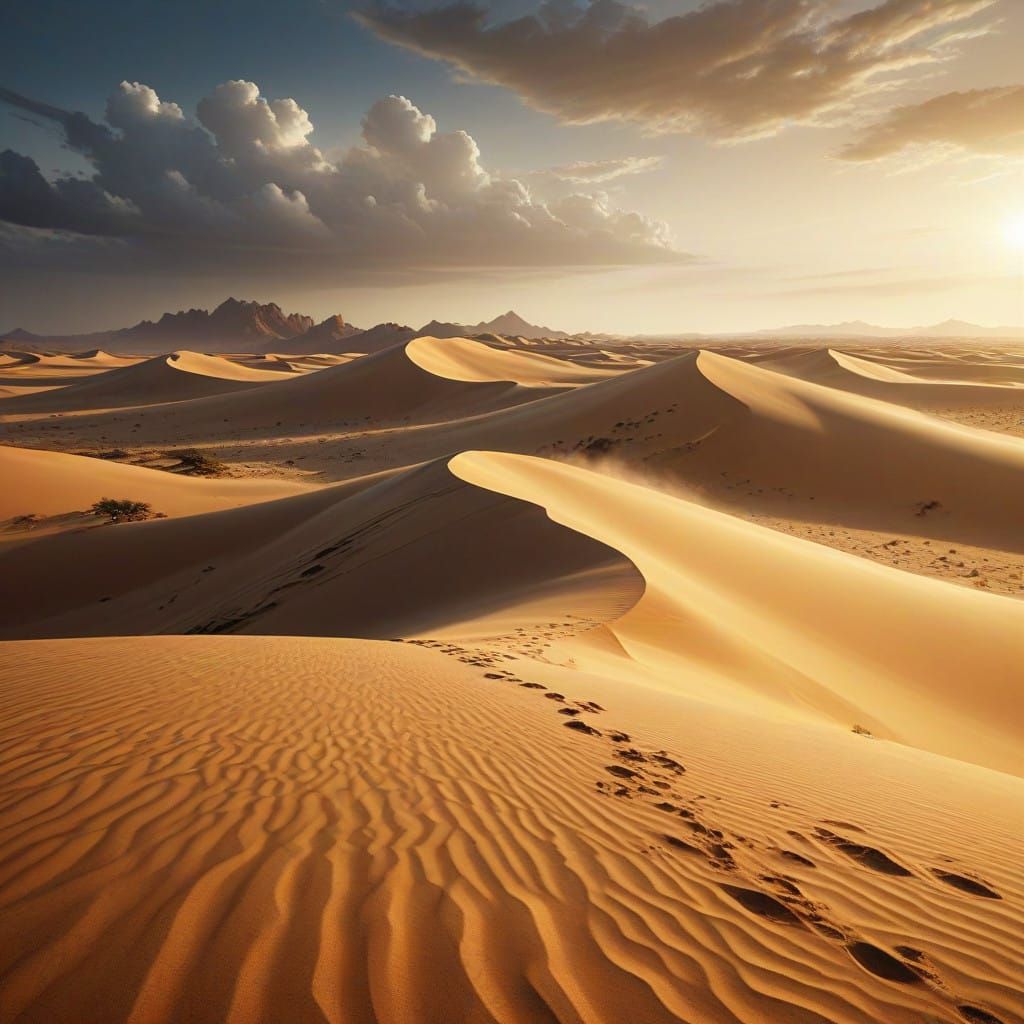 A windswept desert of golden sand dunes. The horizon shimmers with the heat of the sun, and the scent of ocean breeze mi...