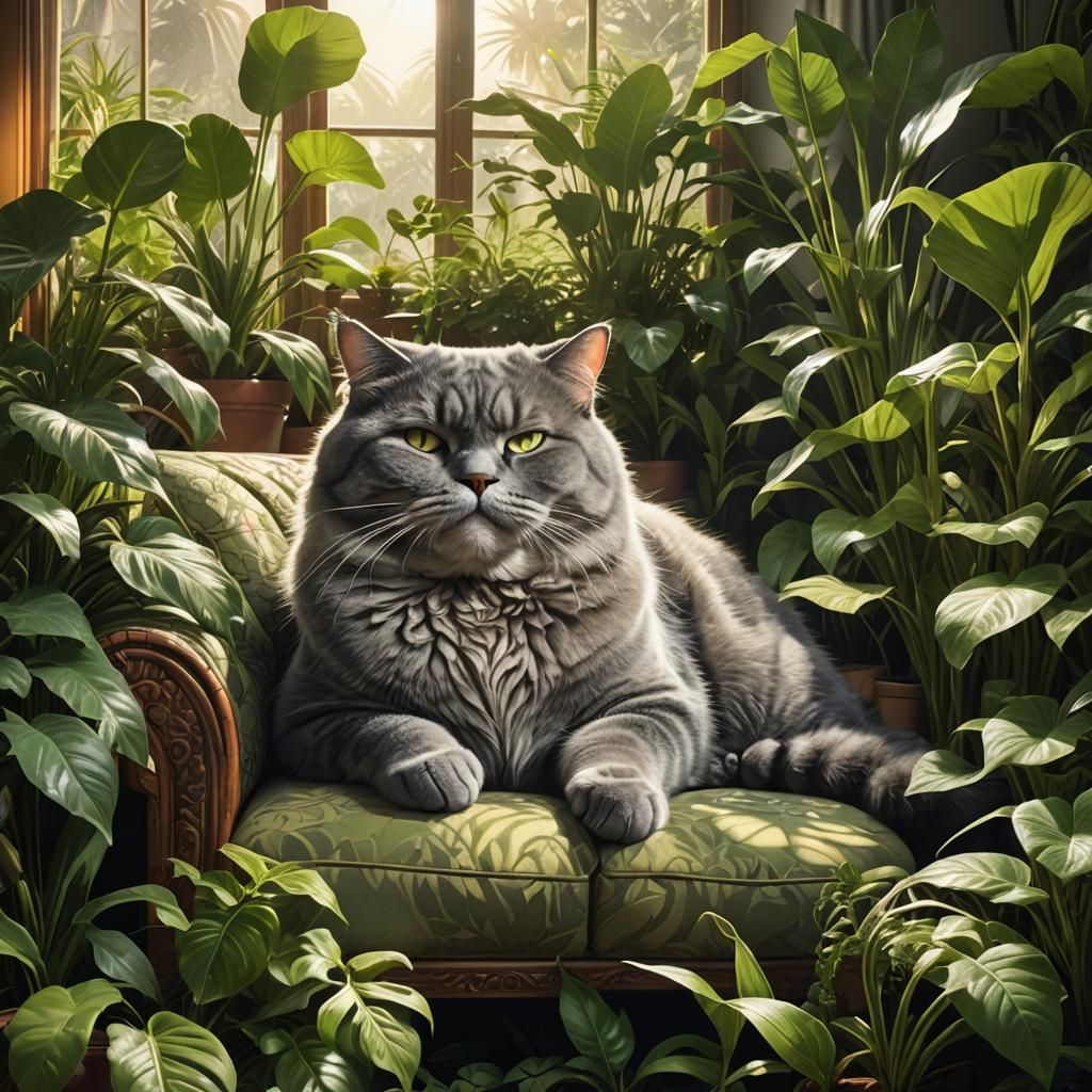 Cozy Cat Nap in Sunlit Botanical Room