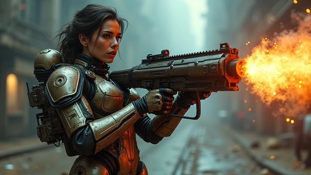 Woman-Hard Suit Fusion with Biomechanical Weapon