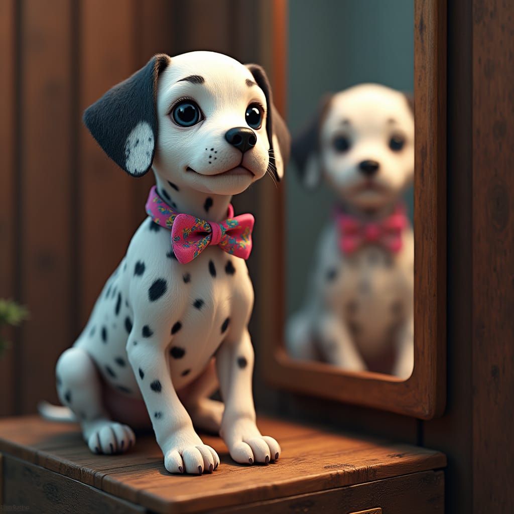 Happy Dalmatian Puppy Portrait with Rainbow Bow