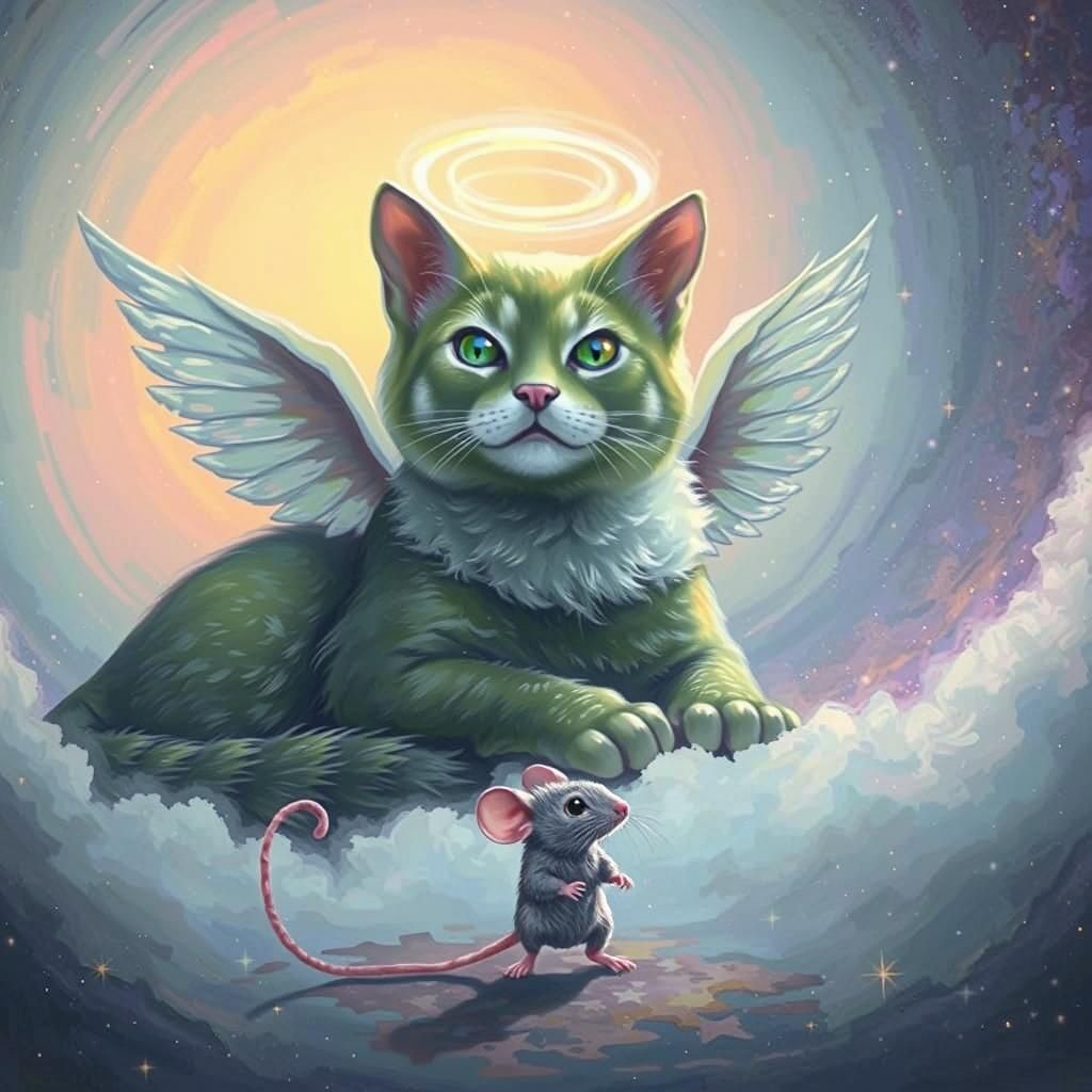 Green Angel Cat with Tiny Mouse in Cosmic Dreamscape