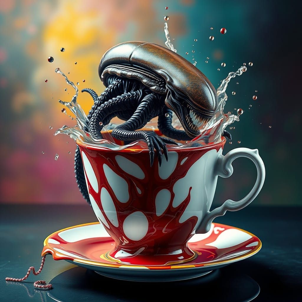 Hyperrealistic Xenomorph in Teacup, Concept Art Style