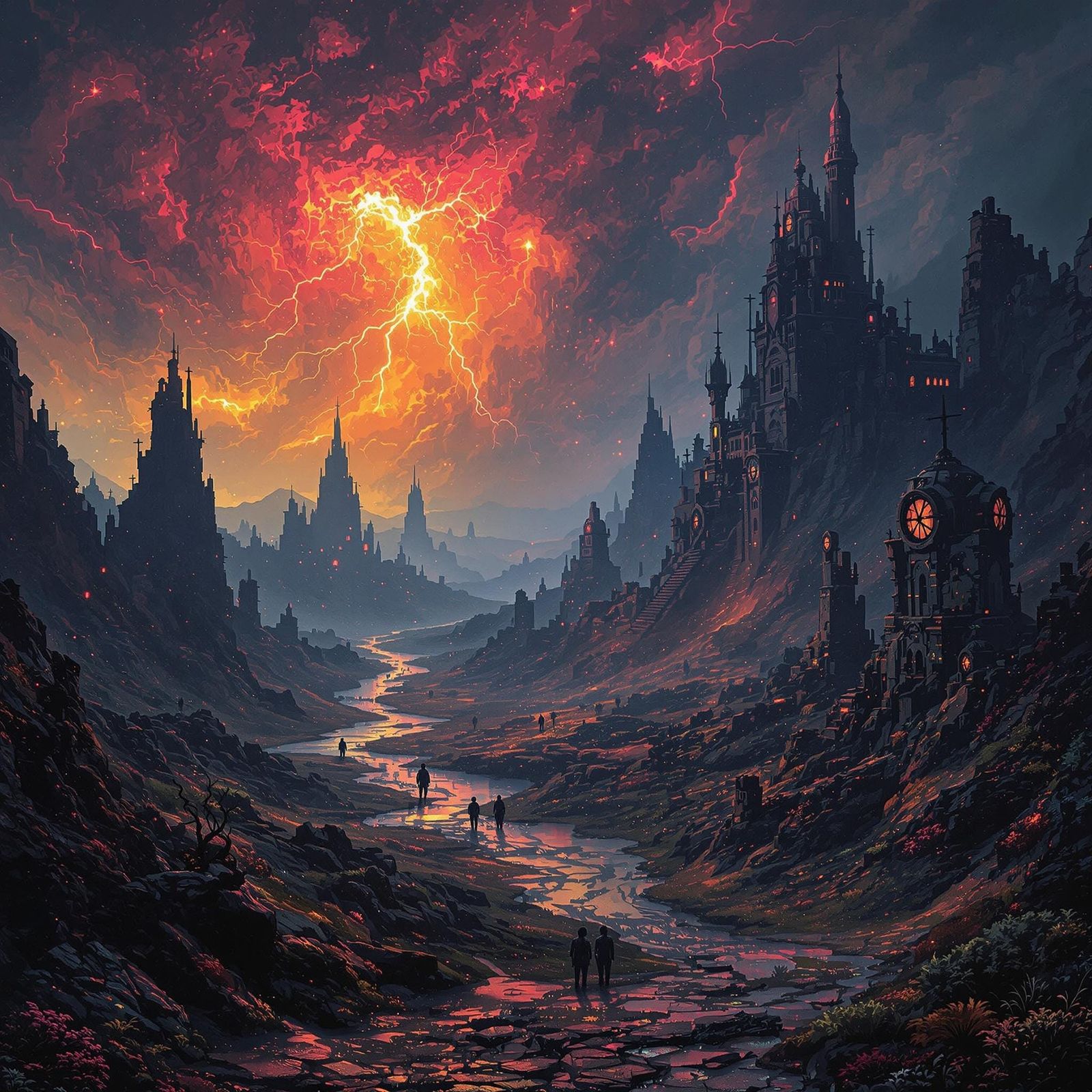 Ethereal, Prehistoric Landscape with Volumetric Lighting and...