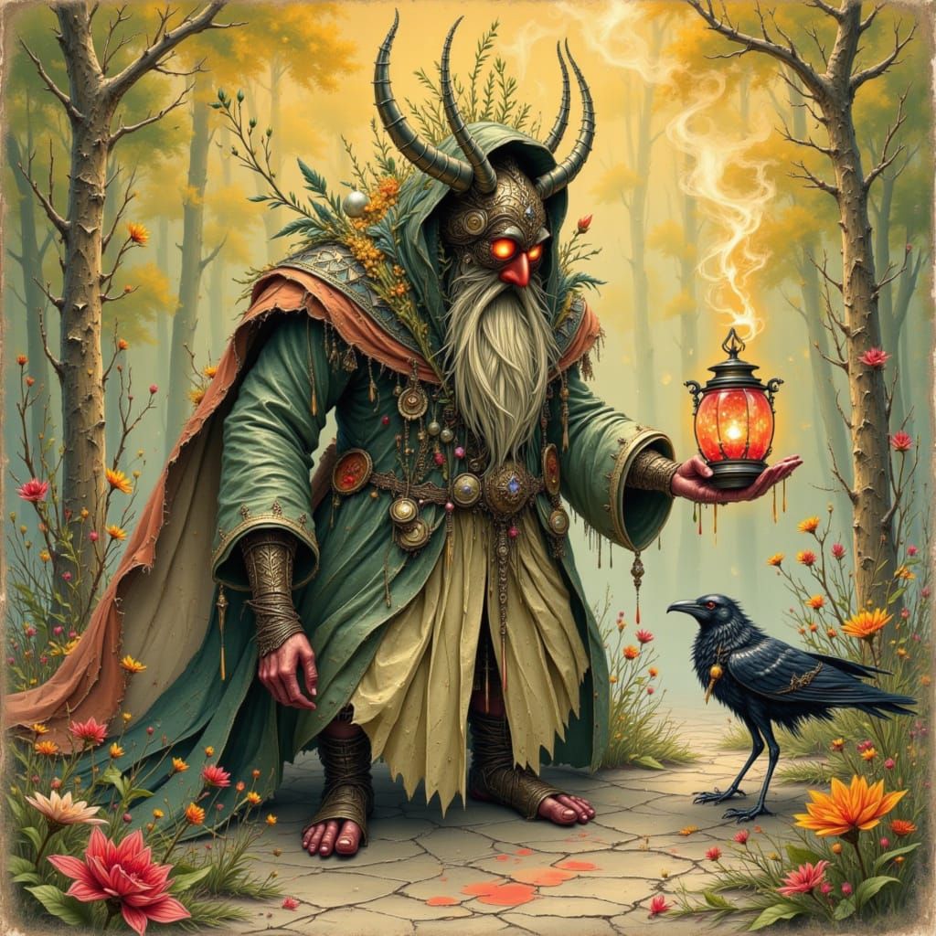 Plague Doctor Gnome with Fox and Crow in Eerie Tent