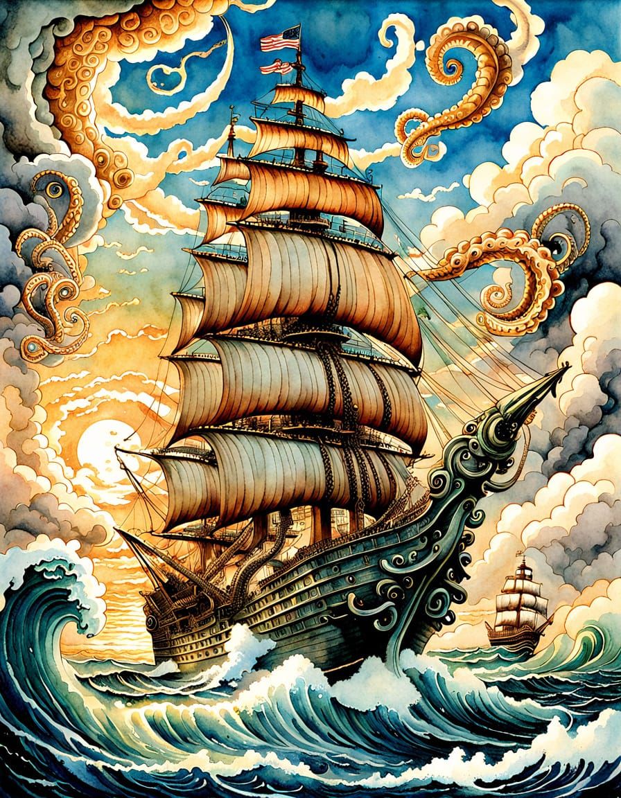 Kraken Attacks Cloud Sailing Ship: Watercolor Illustration