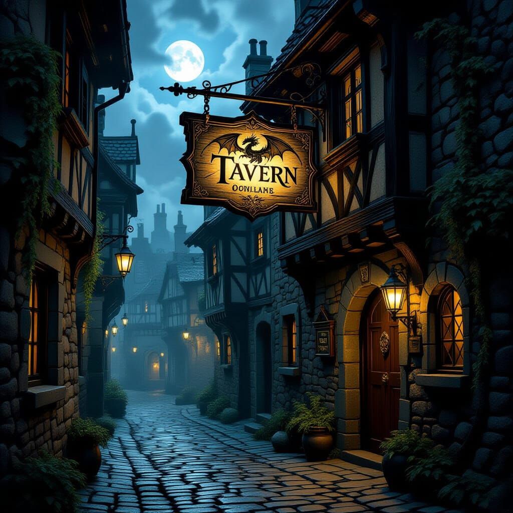 Dragon Tavern Sign in Shadowy Alley, Renaissance Style