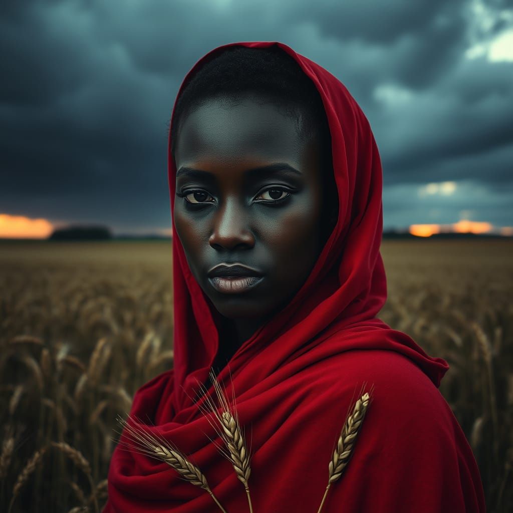 Ebony Woman in Red Shroud Amidst Dusk Wheat Field