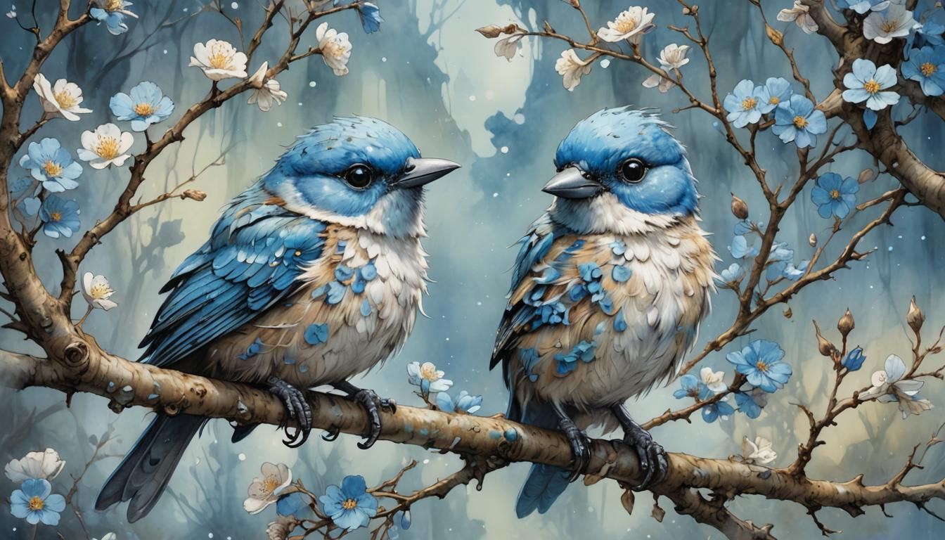Blue Blossom Bird Portrait in Watercolor Style