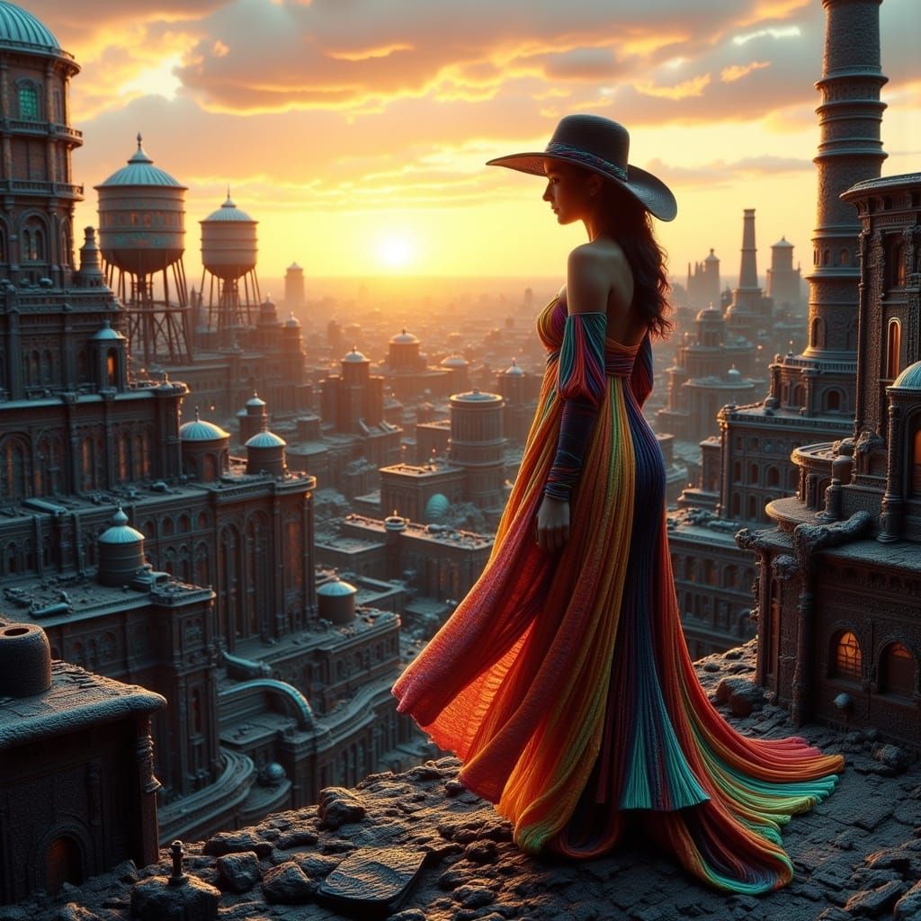 Industrial City Sunset: Gritty Illustration with Cinematic L...