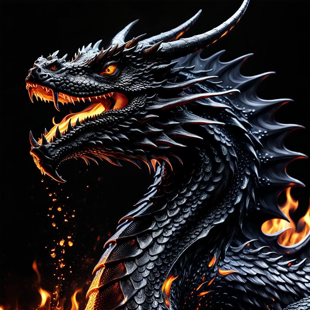 Liquid Black Dragon Emerging from Flames