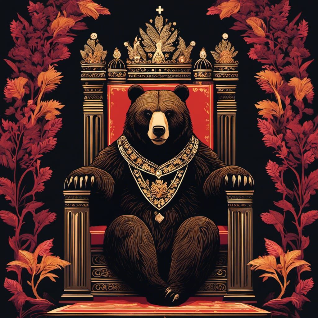 Minimalist Bear King on Throne in Deep Forest