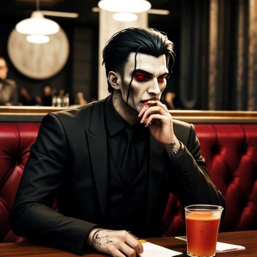 Elegant Vampire Sips Blood in Modern Cafe Setting