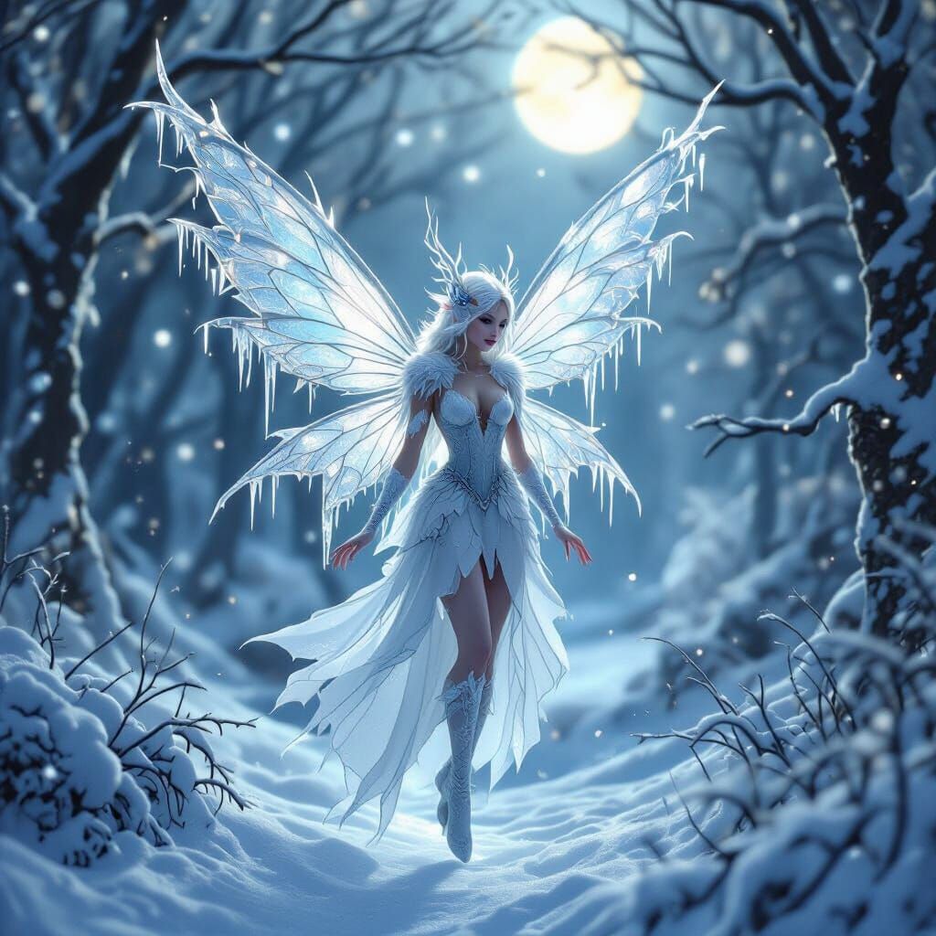 Ethereal Ice Fairy in Moonlit Winter Forest