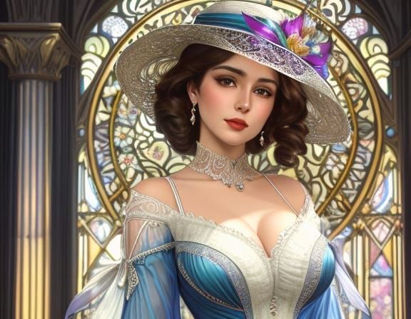 Elegant Woman in Lace: An Art Nouveau Splash Art