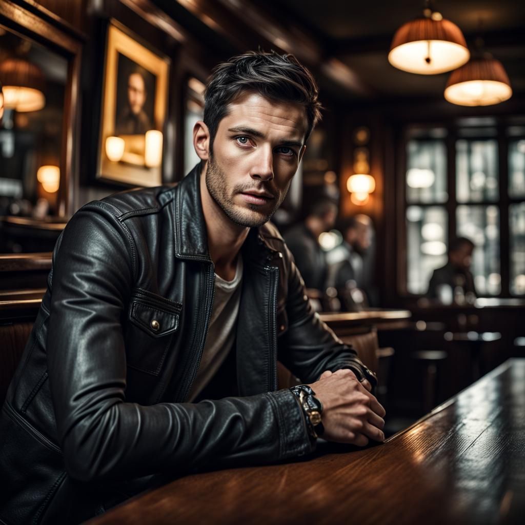 Hyperrealistic Portrait: Man in Pub with Dark Hair