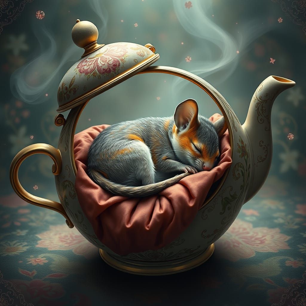 Doormouse Dreamscape in Teapot, Surrealist Style