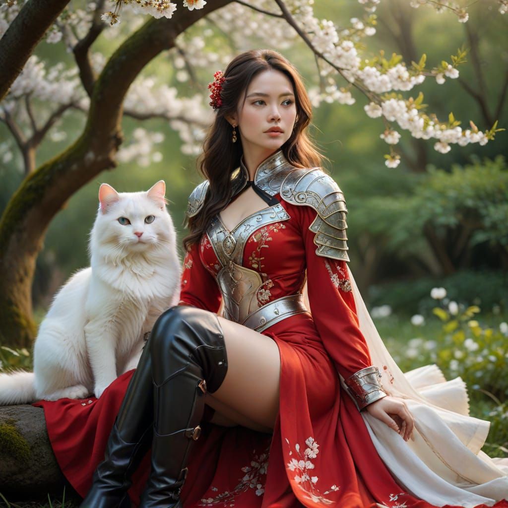 Warrior Woman in Mystical Forest with Cherry Blossoms