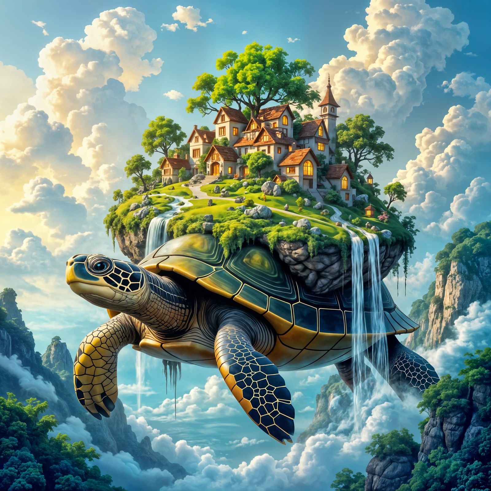 Giant Turtle Carrying Floating Island: A Surreal Scene