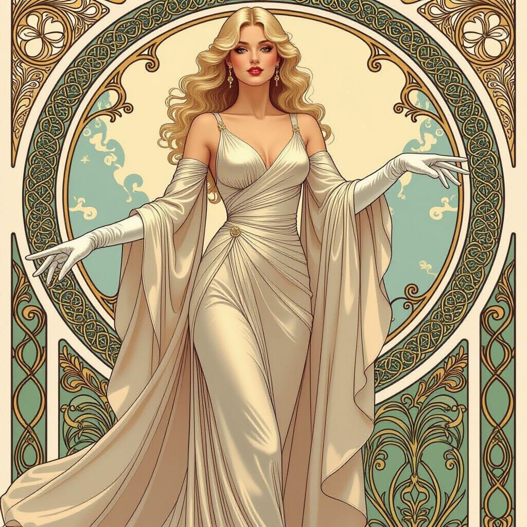 Elegant Woman in Art Nouveau Style Gown