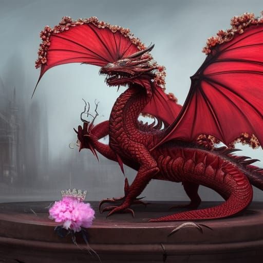 beautiful red dragon, wearing a silver tiara with amythysts ...