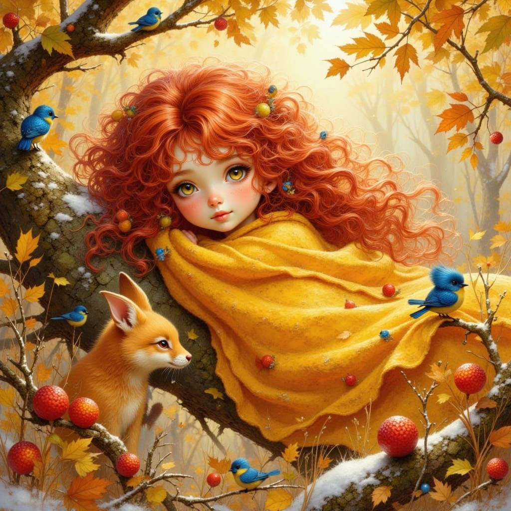 Whimsical Girl With Autumn Leaves and Forest Animals