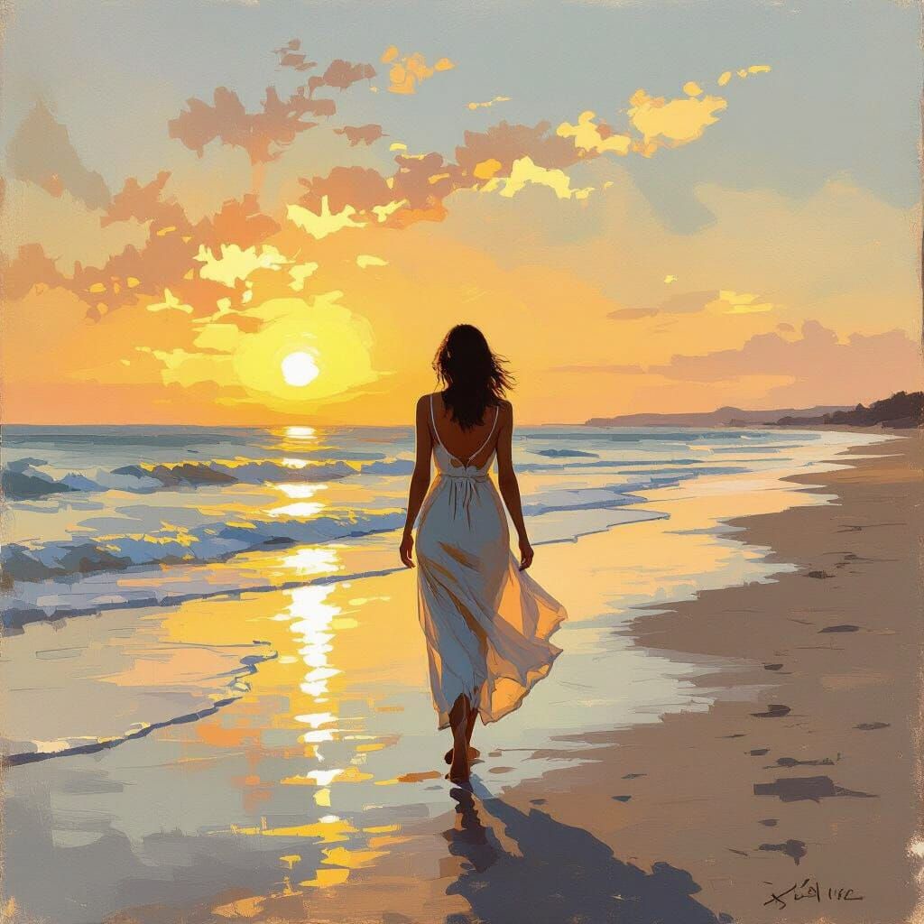 Woman on Beach at Sunset in Impressionist Style