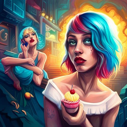 Colorful Graffiti Art: Blue-Haired Figures in Fantasy World