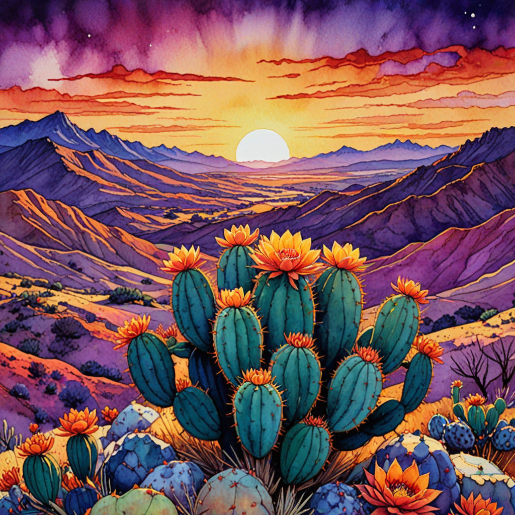 Vibrant Sunset Hillside in Watercolor and Alcohol Ink Style