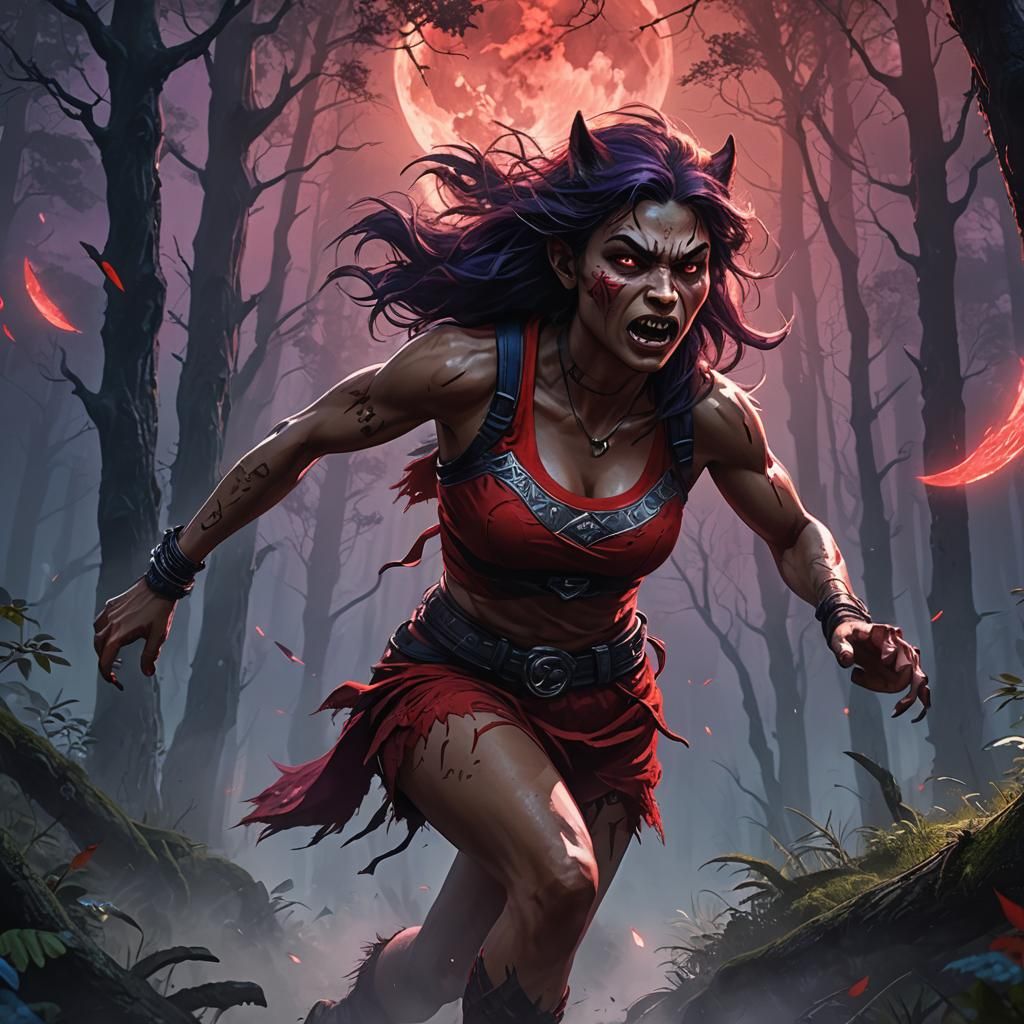 Teenage Werewolf Girl Running Through Misty Forest