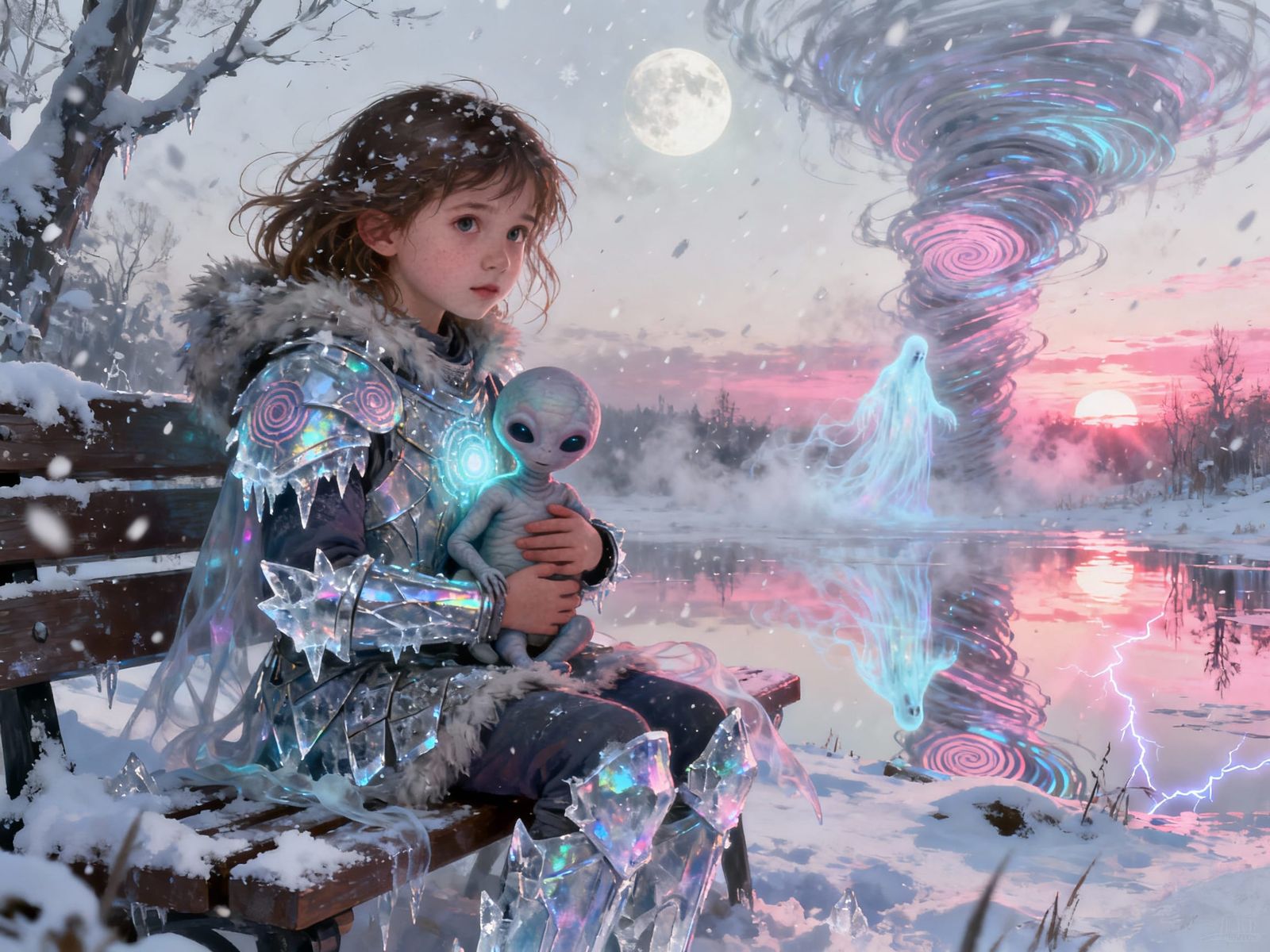 Girl with Baby Alien in Snowy Landscape, Matte Painting Styl...