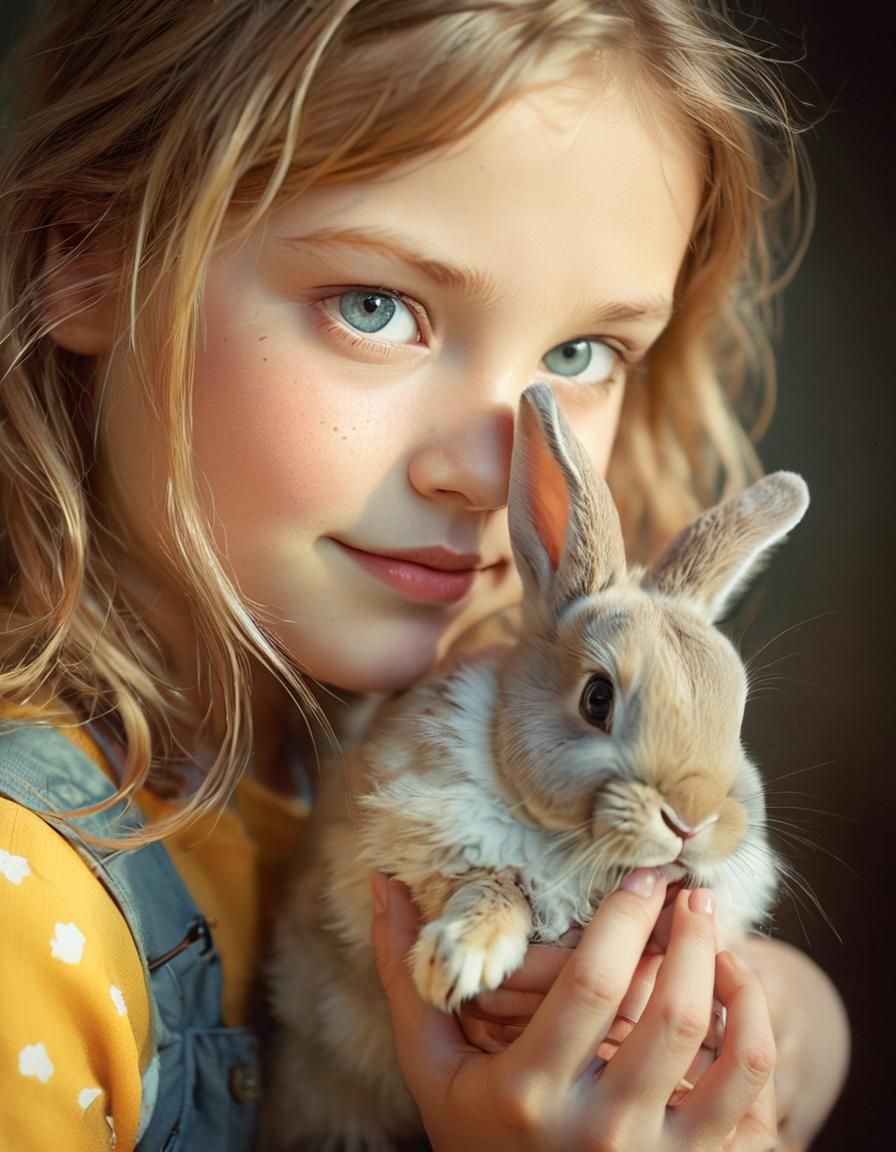 Sweet Girl and Bunny in Ethereal Dreamlike Realism