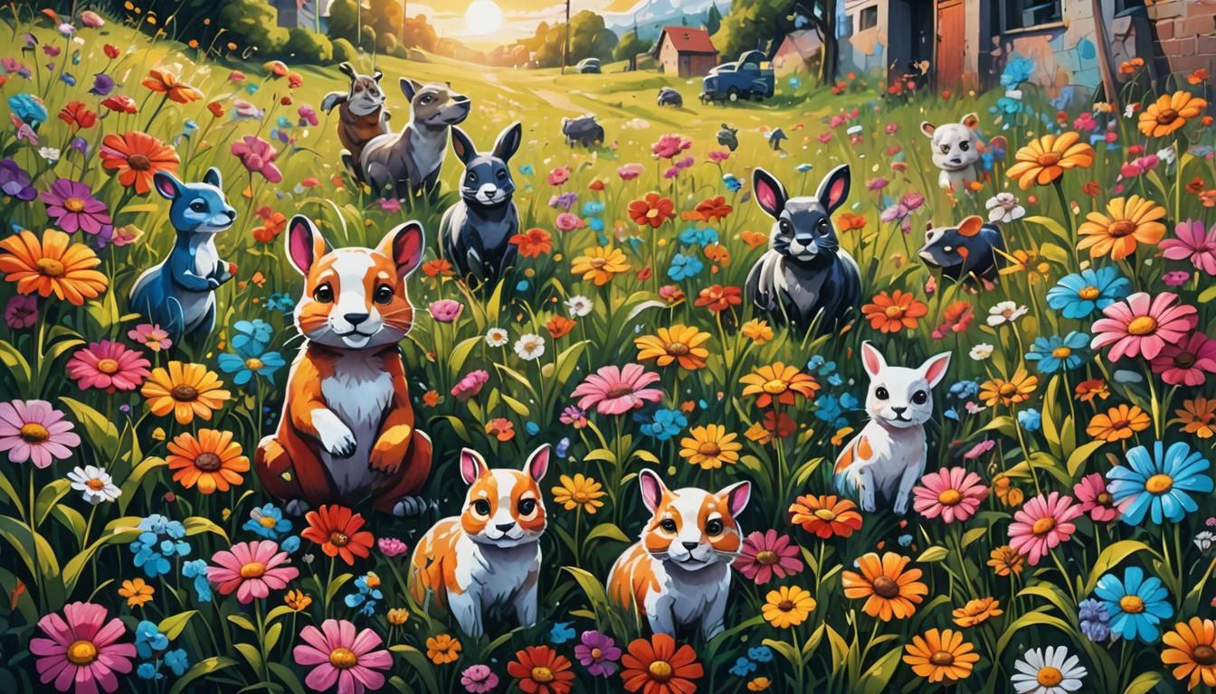 Vibrant Street Art Meadow with Animals and Flowers