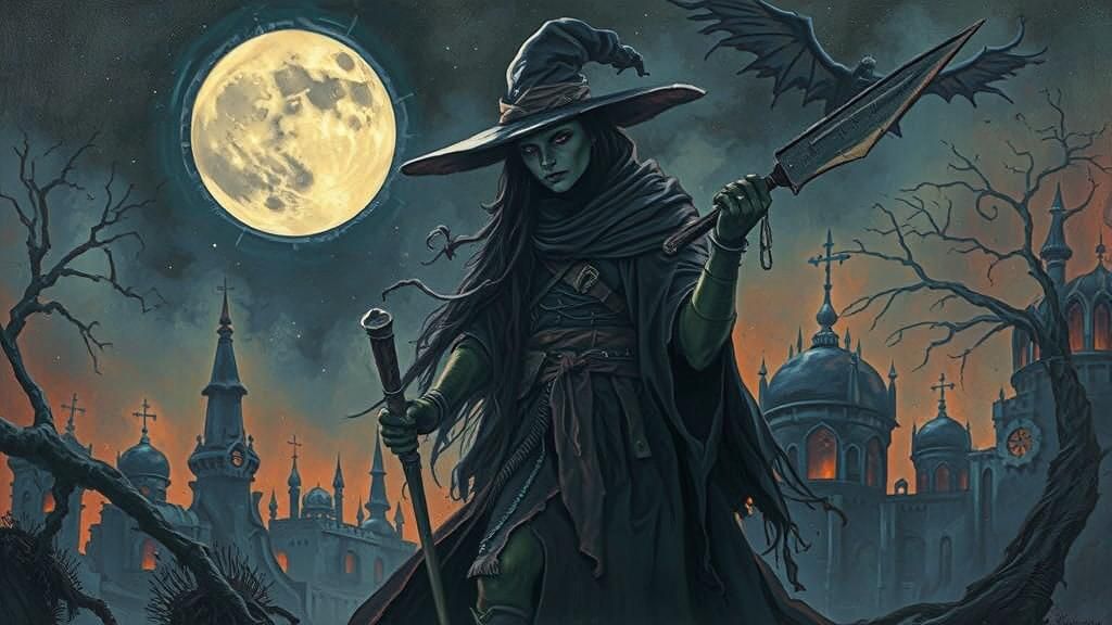 Armored Sci-fi Witch in Moonlit Alien Landscape