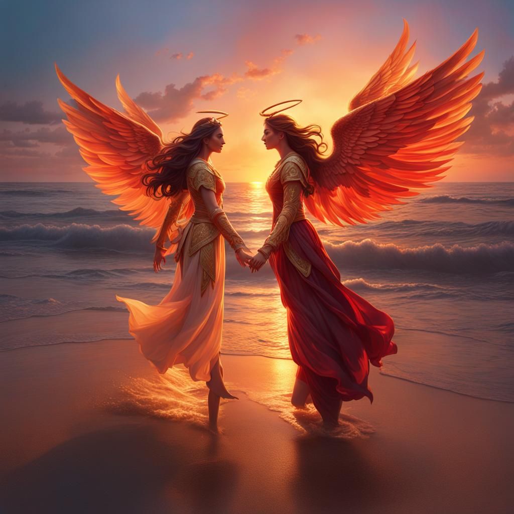 Angel and Devil Portrait at Sunset, Hyperdetailed Art