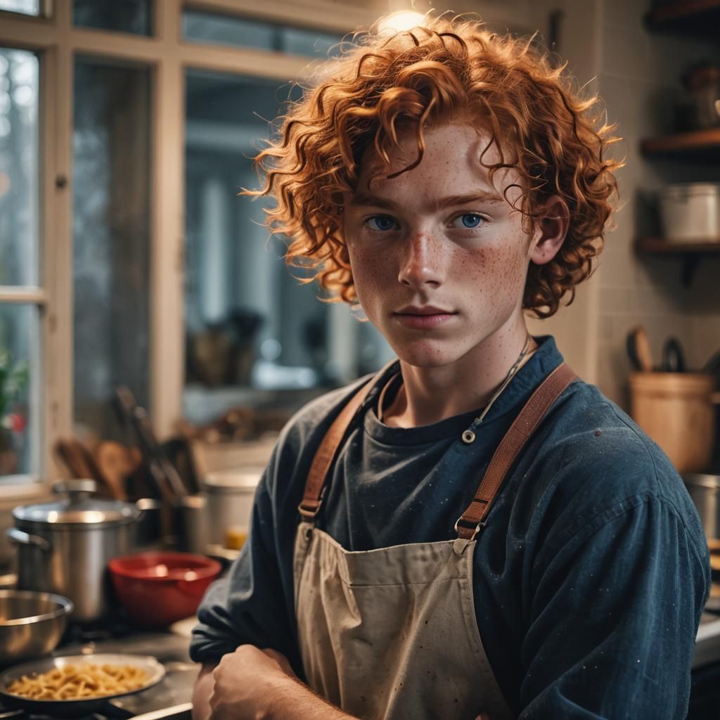 Hyperrealistic Portrait of a Teenage Boy in a Moody Kitchen