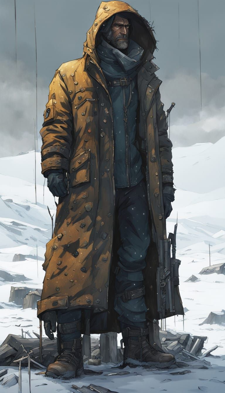 Cyberpunk Hero Stands Resolute in Dystopian Arctic Landscape