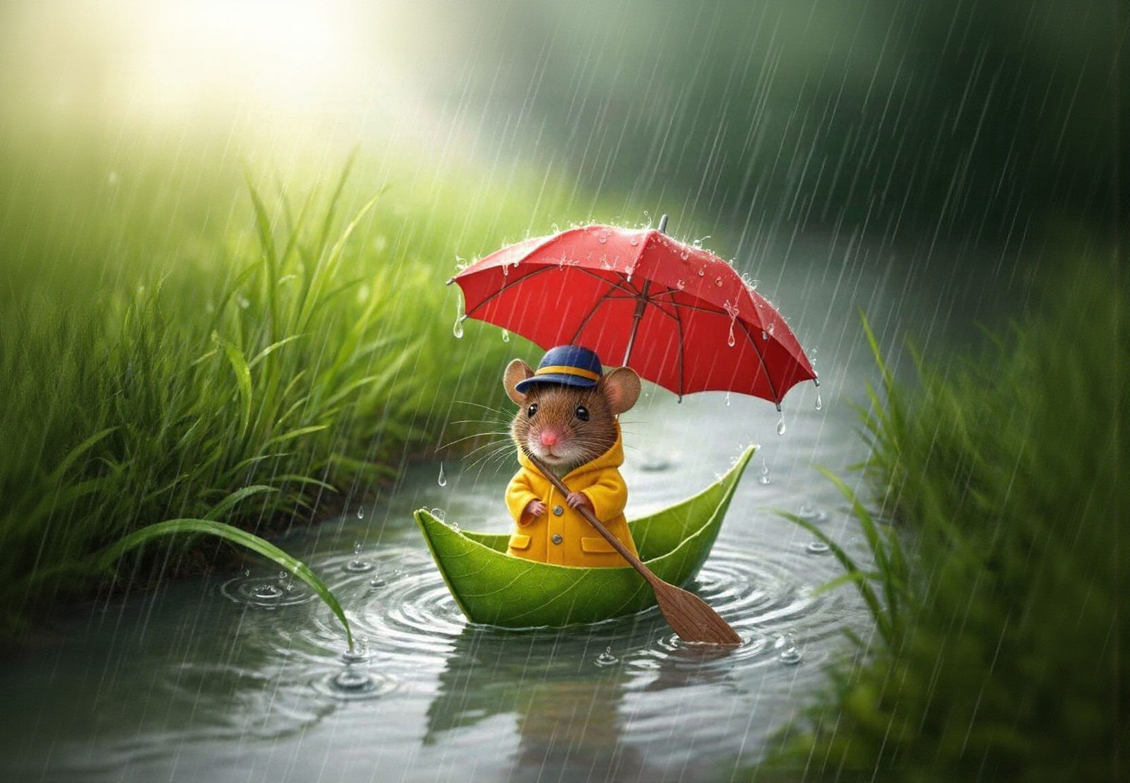 Mouse in Raincoat Sailing a Leaf Boat