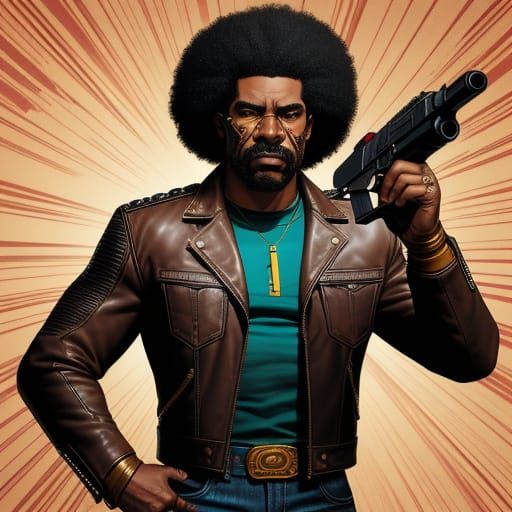 Afro Man in Leather Jacket with Gun, 1970s Comic Book Style