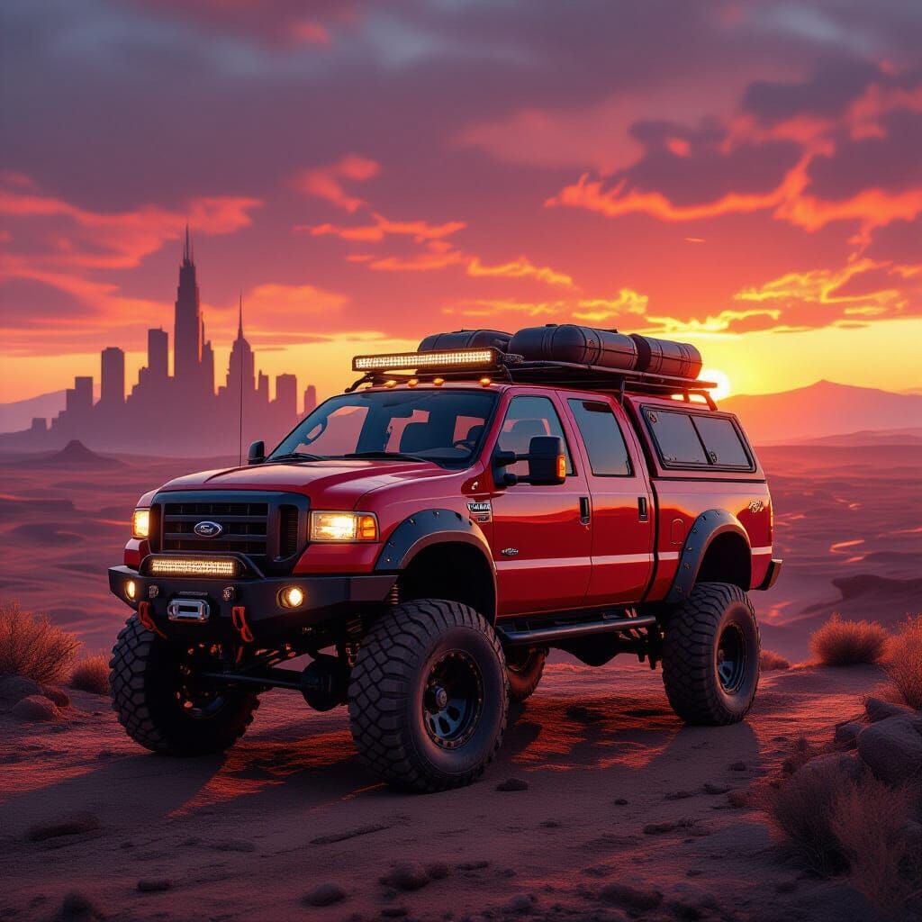 Post-Apocalyptic Ford E350 Overlooking Ruined City