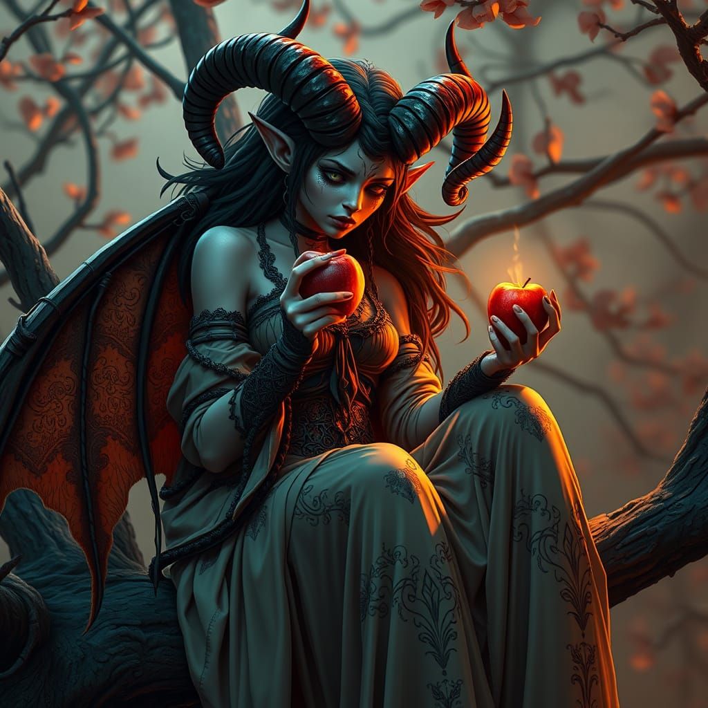 Bored Demon Sits on Tree Branch, Eating Apple in Vibrant, Hi...