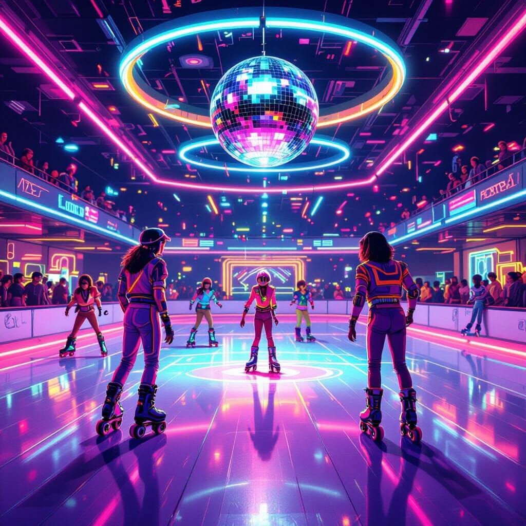 Retro Roller Rink with Neon Lights and Disco Ball