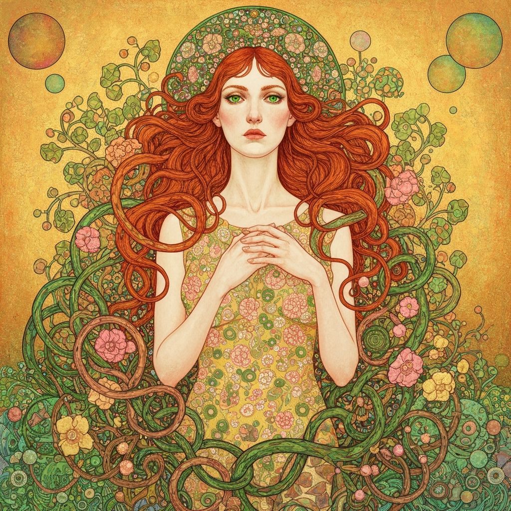 Woman in Floral Attire Amidst Surreal Foliage