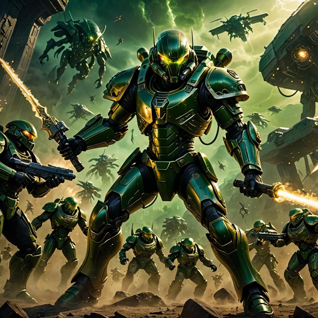 Alien Warrior and Space Marine Battle in Sci-Fi Art