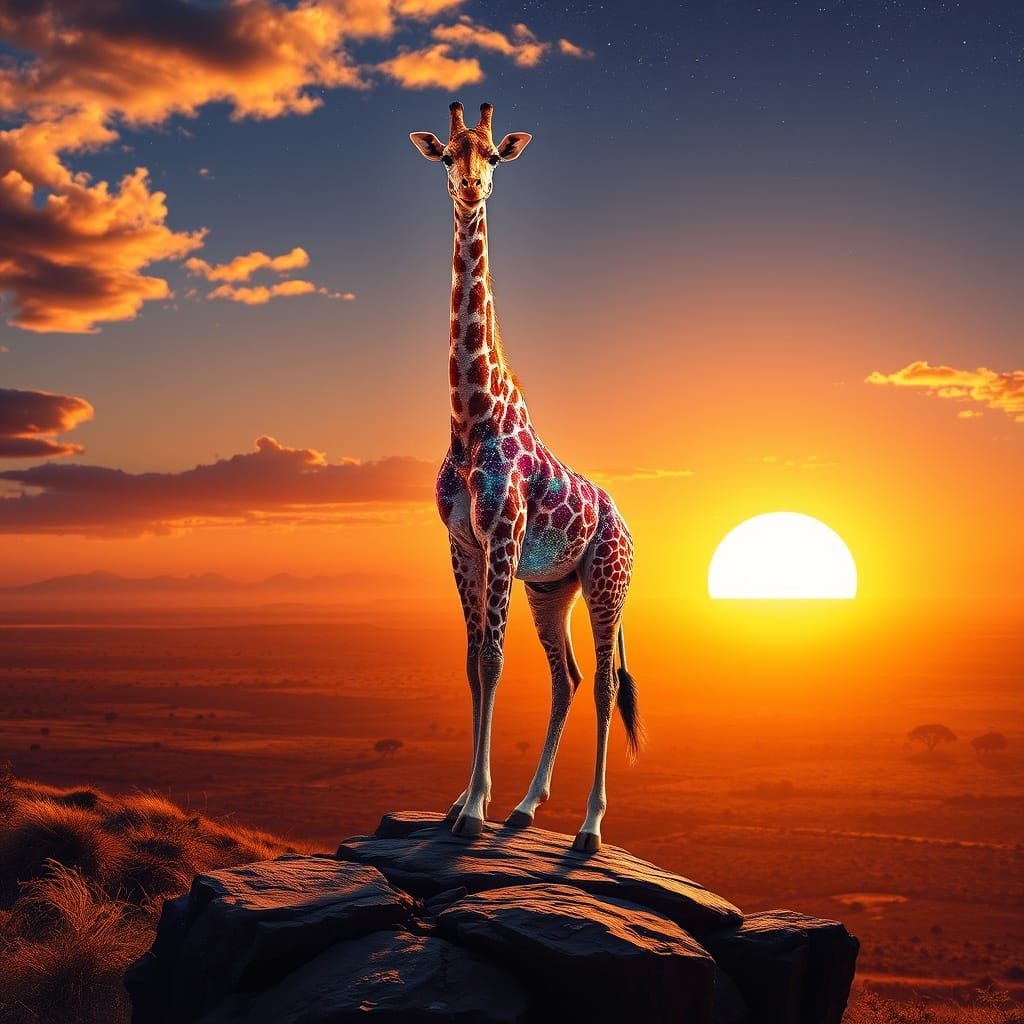 Proud Giraffe Overlooking African Savanna in Cosmic Style