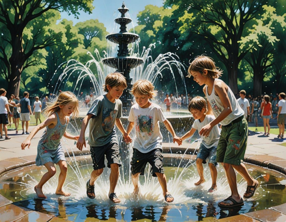 Children Playing in Park Fountain in Comic Book Style
