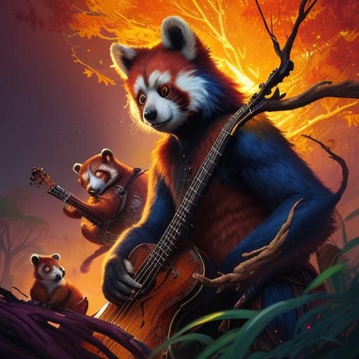 Red Panda, Koala, and Monkey Band: Fantasy Art