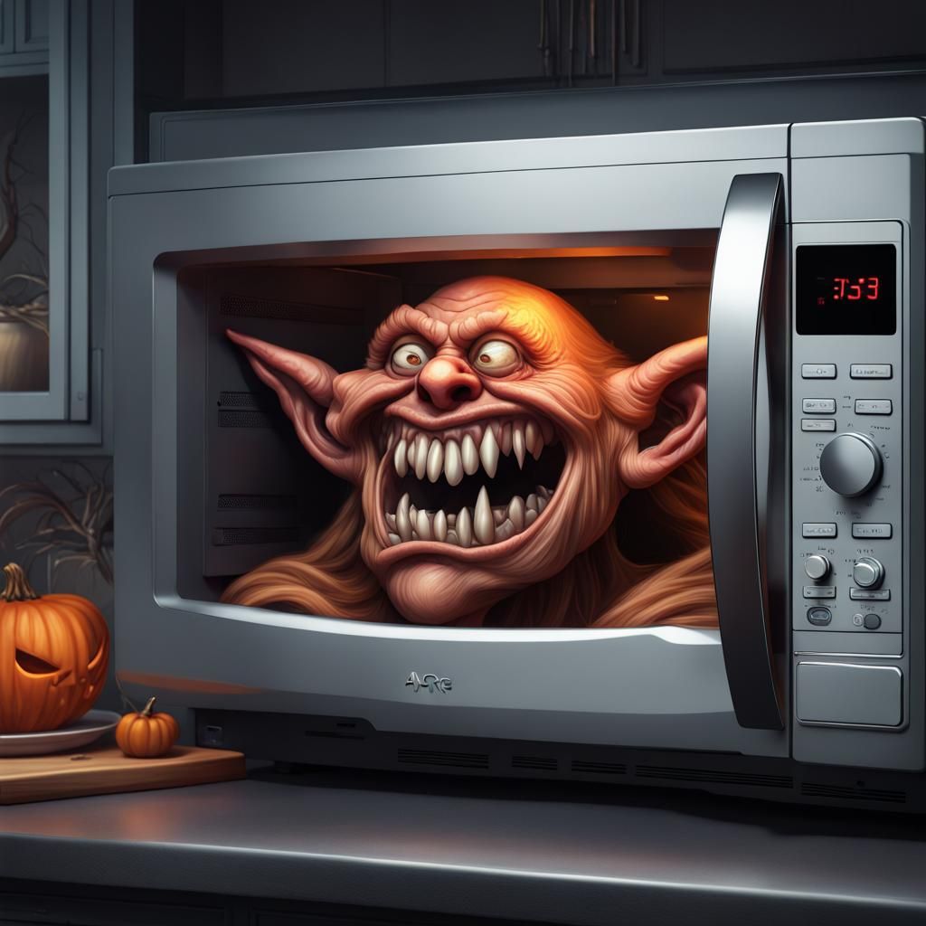 A microwave with spooky troll face